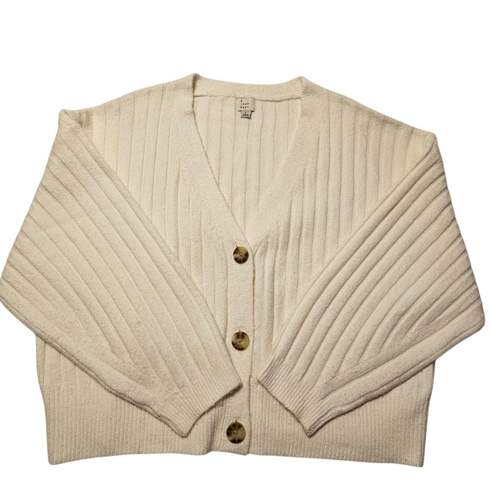 A New Day Womens Cardigan Sweater Cream Ribbed Knit Button Front Size L‎